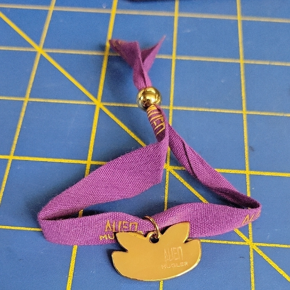 Mugler Purple Ribbon Bracelet Gold Tone Charm